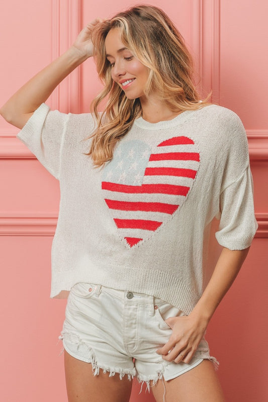 USA Striped Heart Contrast Knit Top