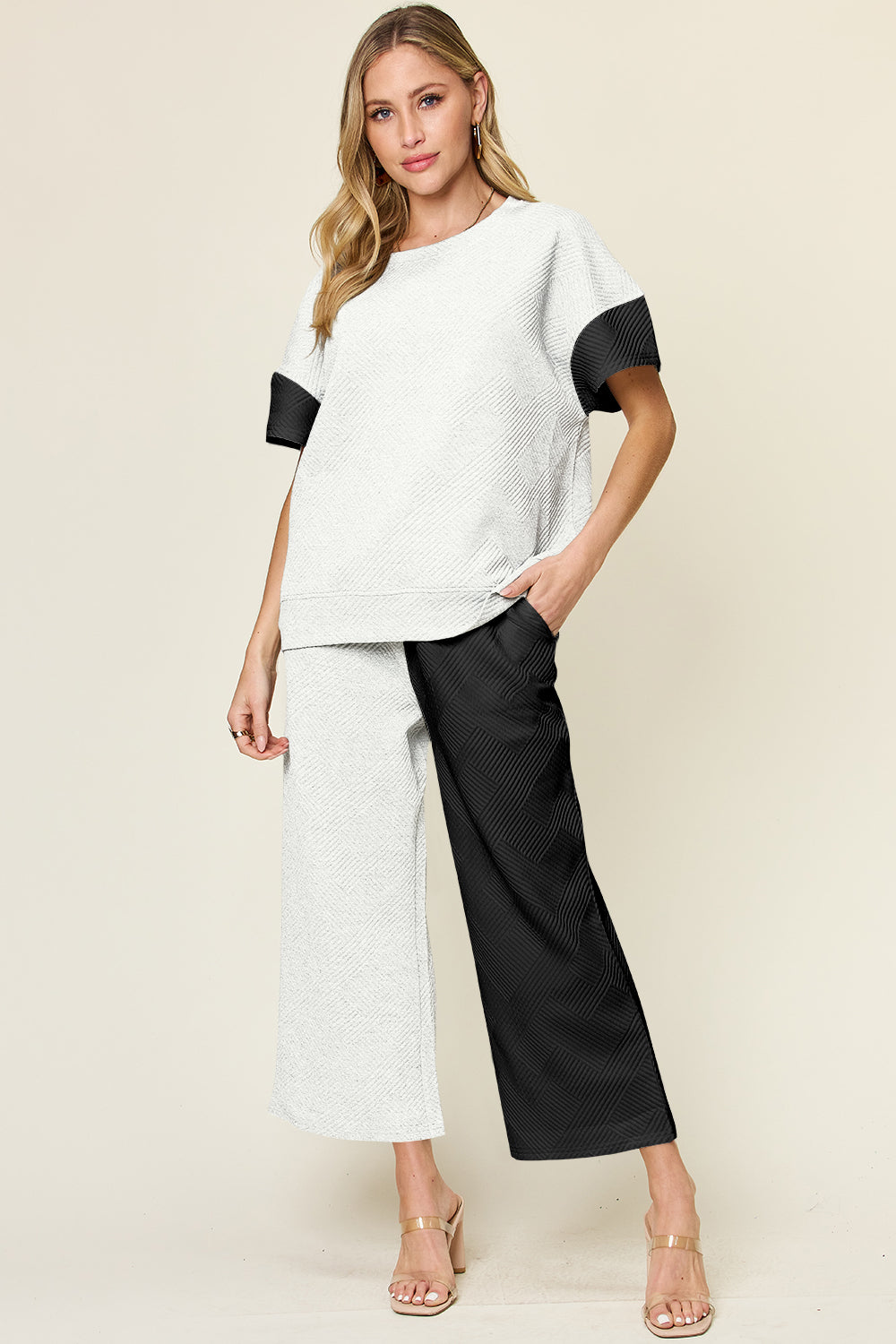 Soft Lux Texture Contrast T-Shirt and Wide Leg Pants Set