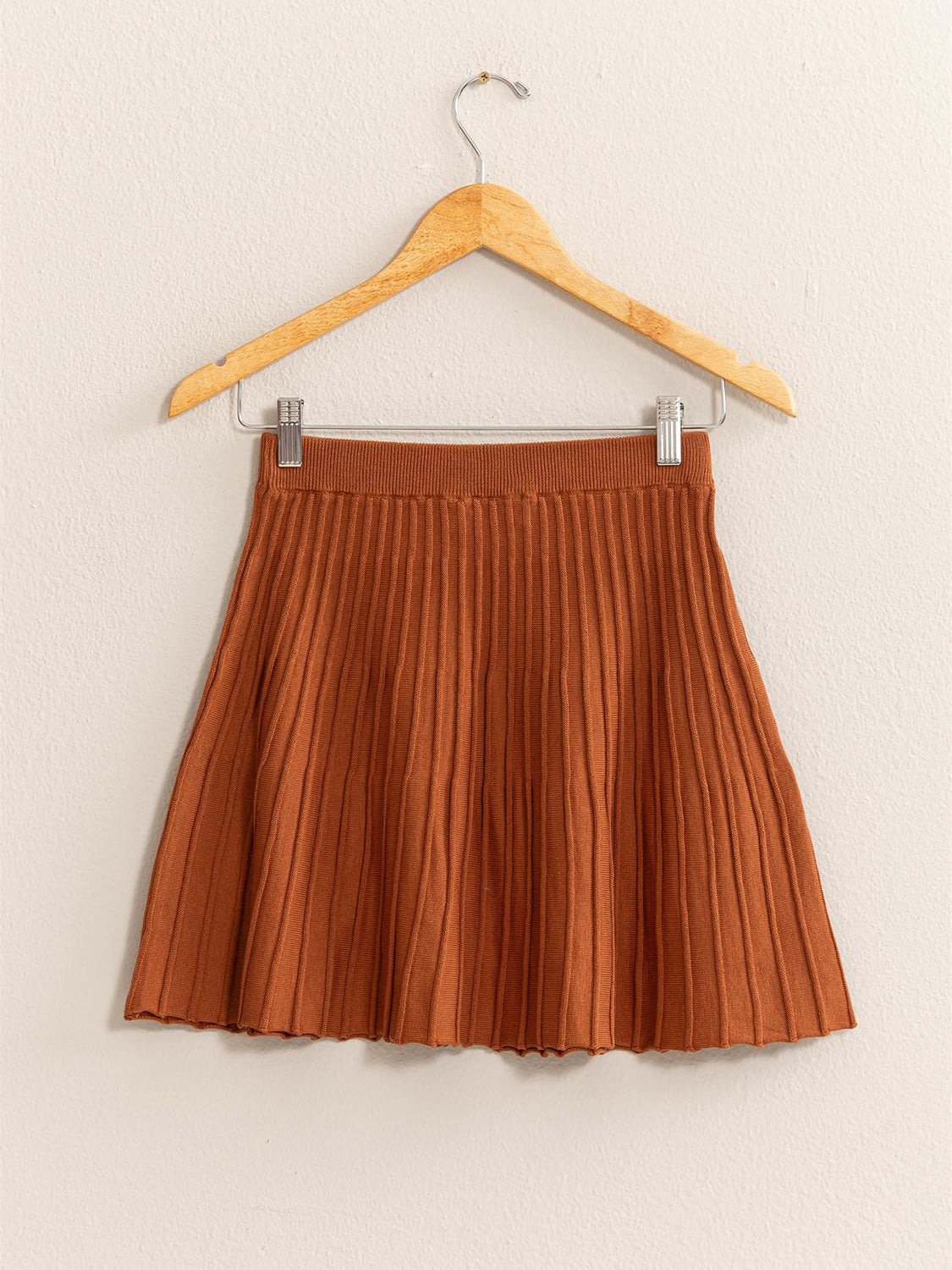 High Waist Knit Pleated Flare Mini Skirt - chocolate