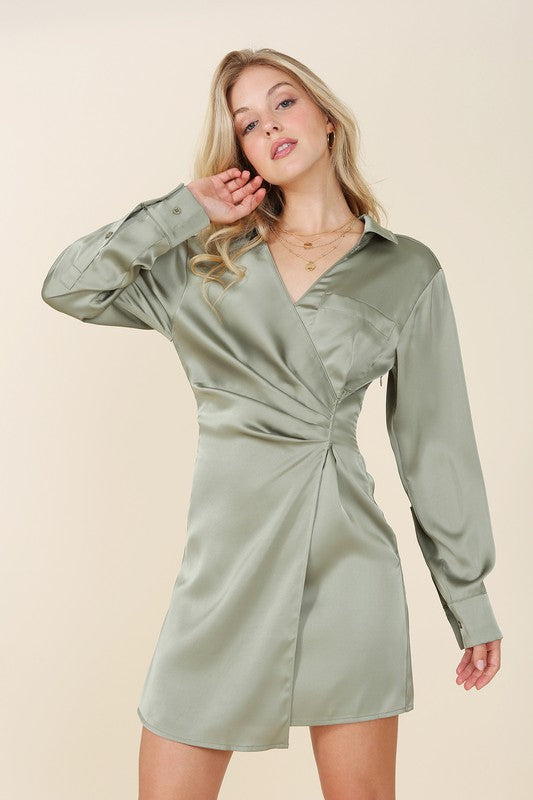 Paige Satin Collared Wrap Mini Dress