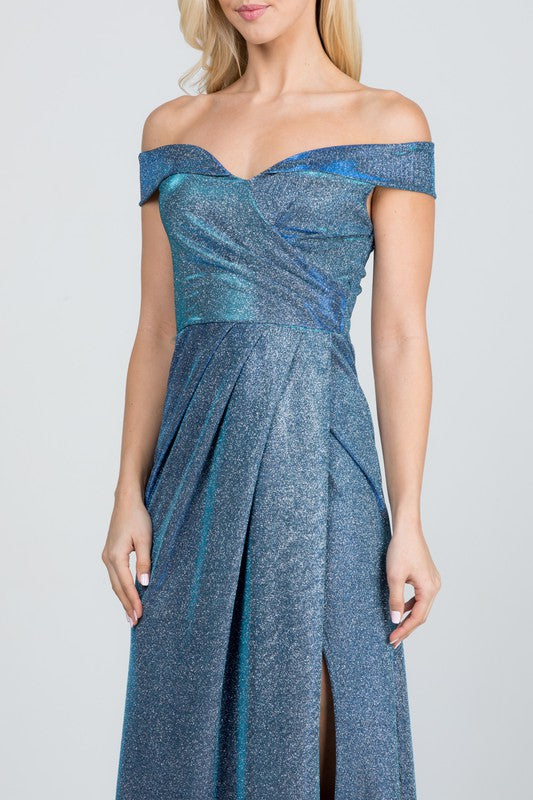 Off the shoulder glittery jacquard gathered gown