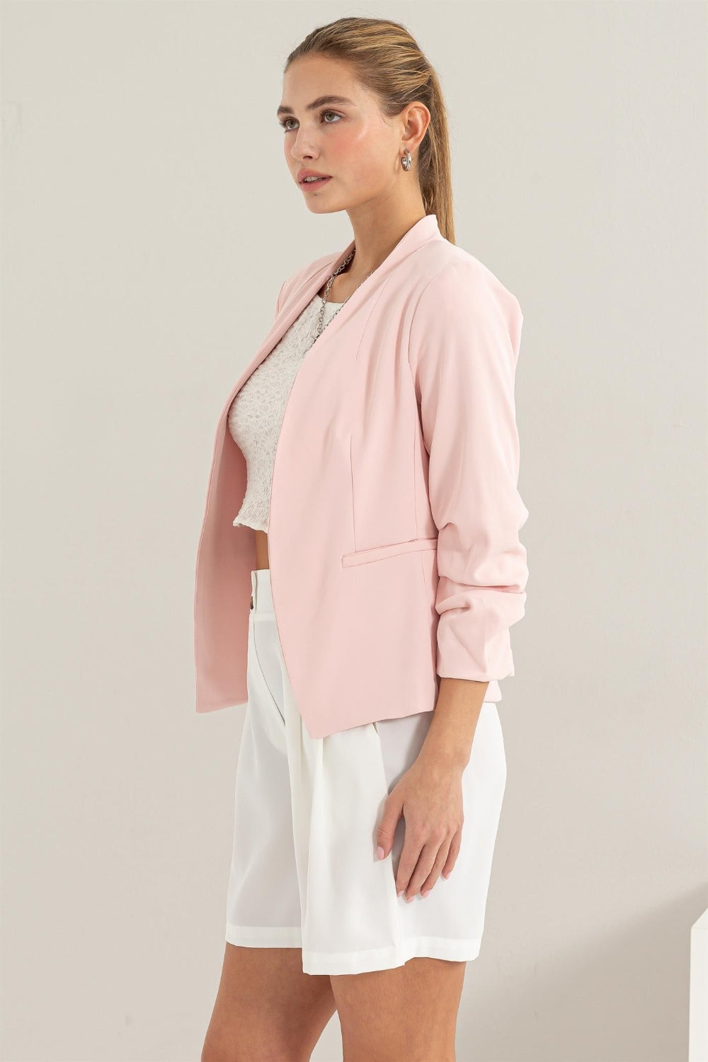 Pastel Open Front Ruched Sleeve Blazer