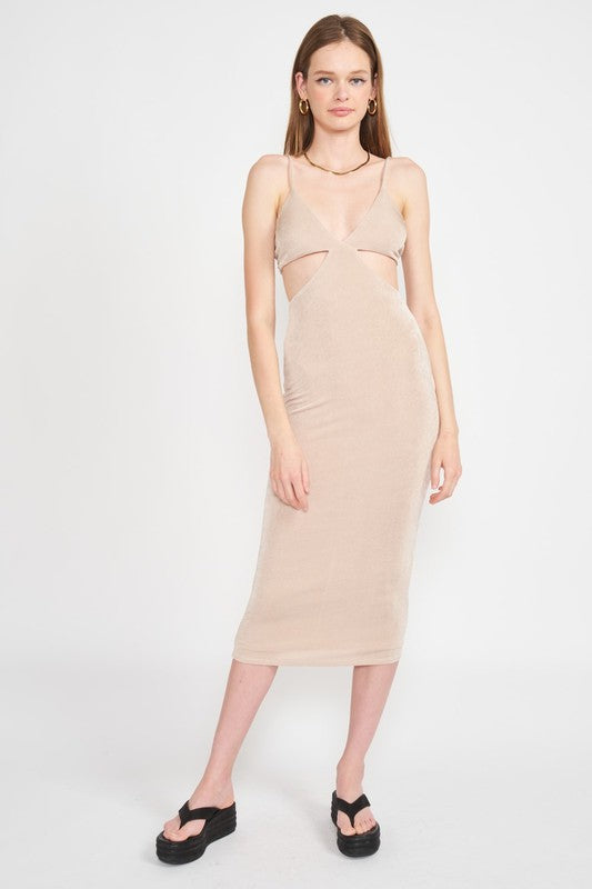 SPAGHETTI STRAP TIE BACK MIDI DRESS WITH CUTOUT