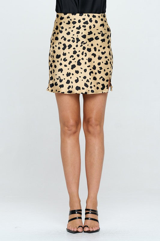 Leopard Print Satin Mini Skirt with Slit