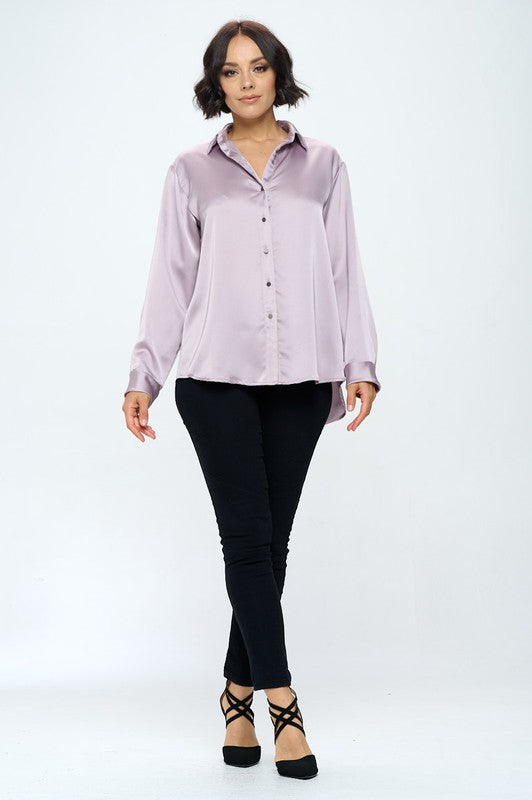 Ariana Stretch Satin V neck Blouse with Collar - Lavender