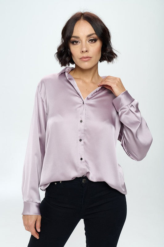 Ariana Stretch Satin V neck Blouse with Collar - Lavender