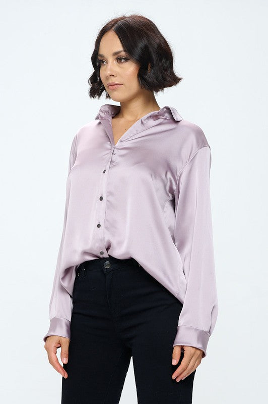 Ariana Stretch Satin V neck Blouse with Collar - Lavender