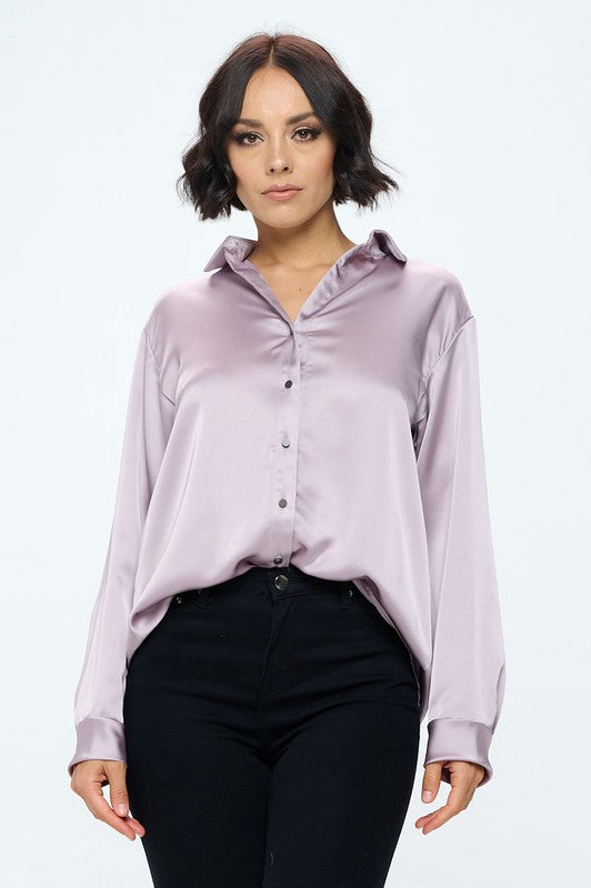 Ariana Stretch Satin V neck Blouse with Collar - Lavender