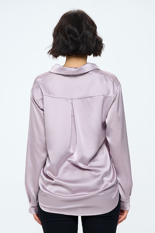 Ariana Stretch Satin V neck Blouse with Collar - Lavender