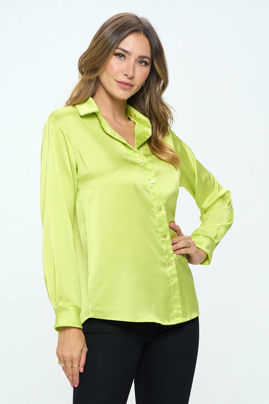 Ariana Stretch Satin V neck Blouse with Collar - Citron