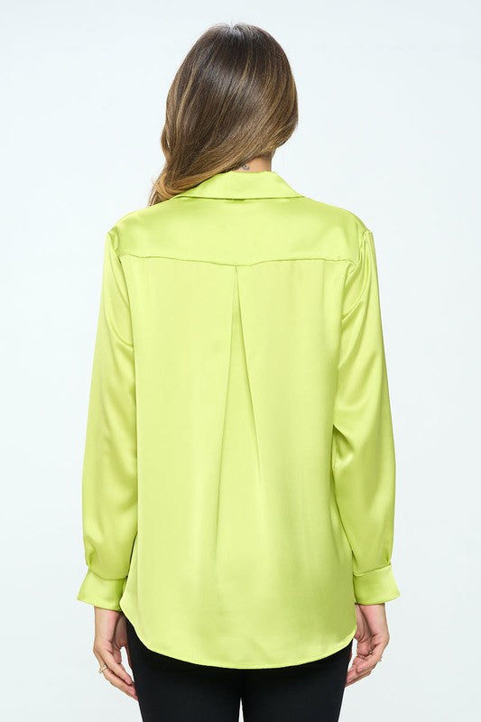 Ariana Stretch Satin V neck Blouse with Collar - Citron