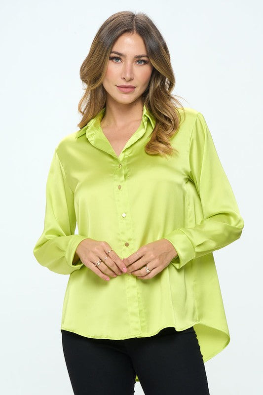 Ariana Stretch Satin V neck Blouse with Collar - Citron