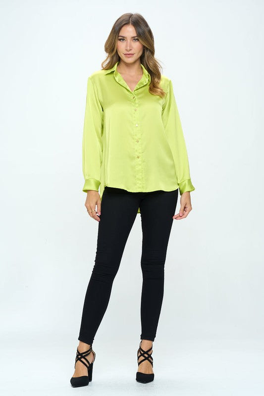 Ariana Stretch Satin V neck Blouse with Collar - Citron