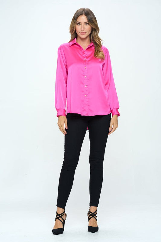 Ariana Stretch Satin V neck Blouse with Collar - Fuschia