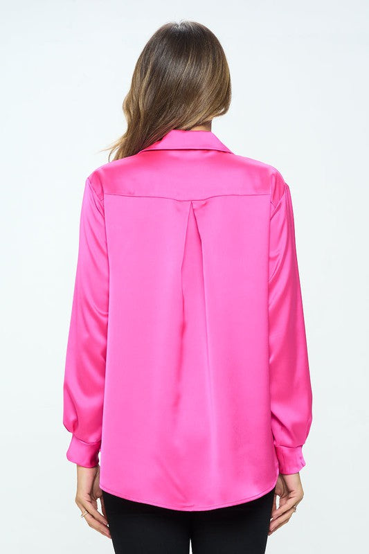 Ariana Stretch Satin V neck Blouse with Collar - Fuschia