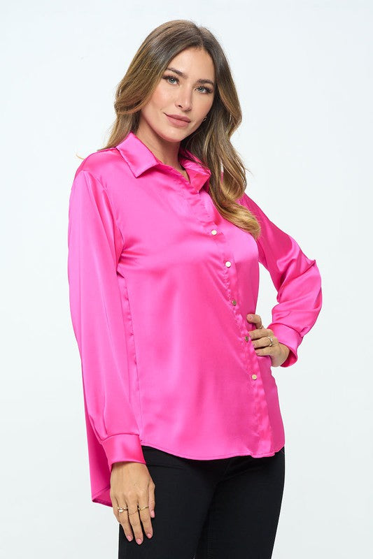 Ariana Stretch Satin V neck Blouse with Collar - Fuschia