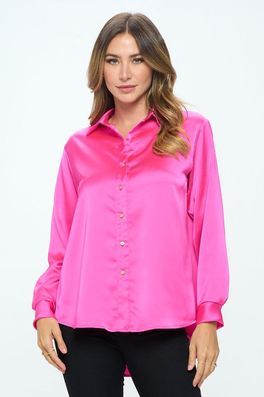 Ariana Stretch Satin V neck Blouse with Collar - Fuschia