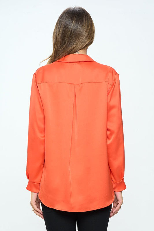 Ariana Stretch Satin V neck Blouse with Collar - Orange