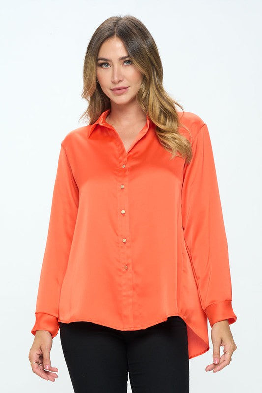 Ariana Stretch Satin V neck Blouse with Collar - Orange