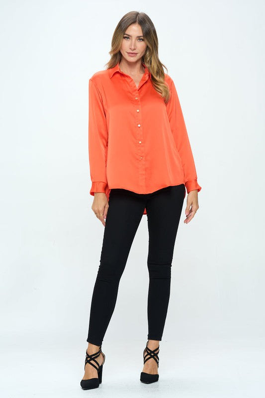 Ariana Stretch Satin V neck Blouse with Collar - Orange