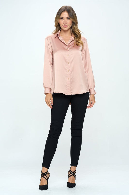 Ariana Stretch Satin V neck Blouse with Collar - Peach