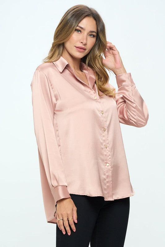 Ariana Stretch Satin V neck Blouse with Collar - Peach