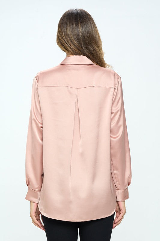 Ariana Stretch Satin V neck Blouse with Collar - Peach