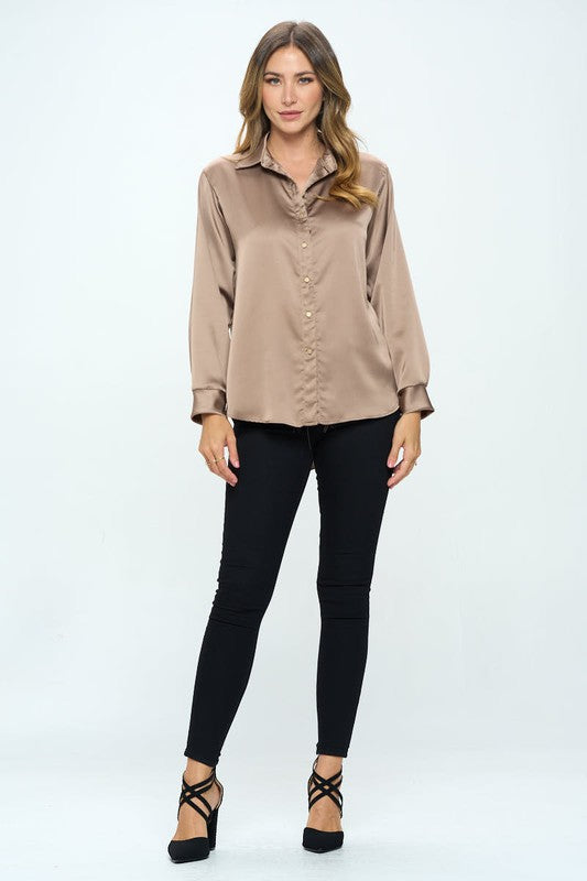 Ariana Stretch Satin V neck Blouse with Collar - Dune