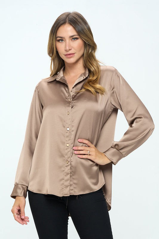 Ariana Stretch Satin V neck Blouse with Collar - Dune