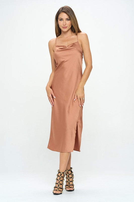 Stretch Silky Satin Bias Slip Dress with Slit