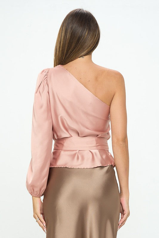 Stand Out Satin One Shoulder Formal Top with Tie - Rose