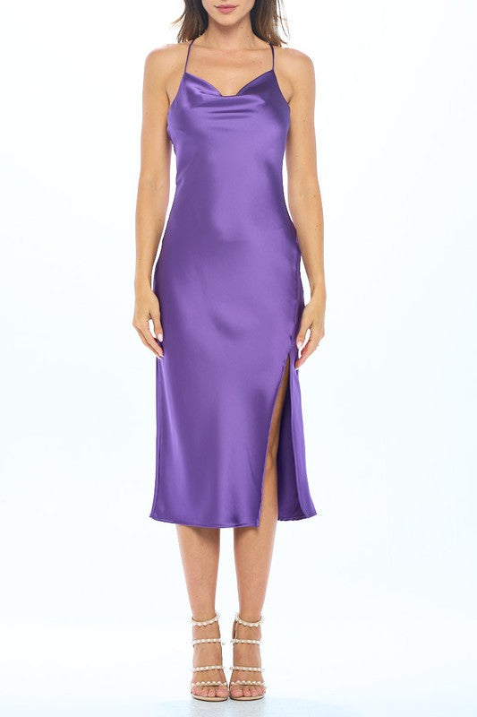 Satin Bias Slip Dress with Slit - Dark Purple