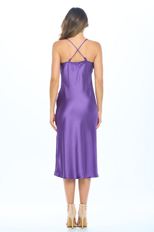 Satin Bias Slip Dress with Slit - Dark Purple