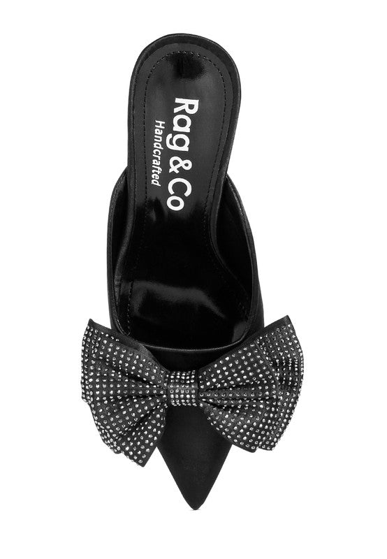 ELISDA Black Diamante Bow Heeled Mules