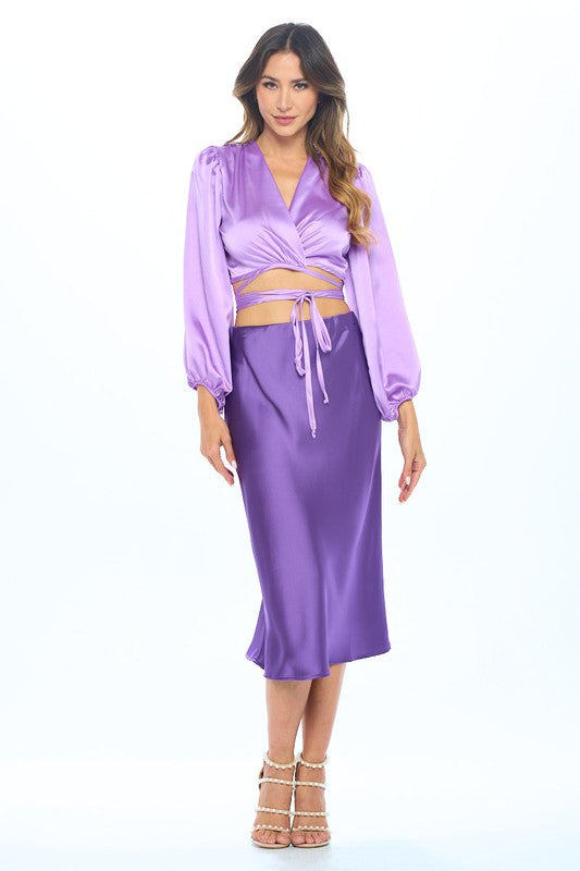 Silky Satin Wrap Crop Top with Tie