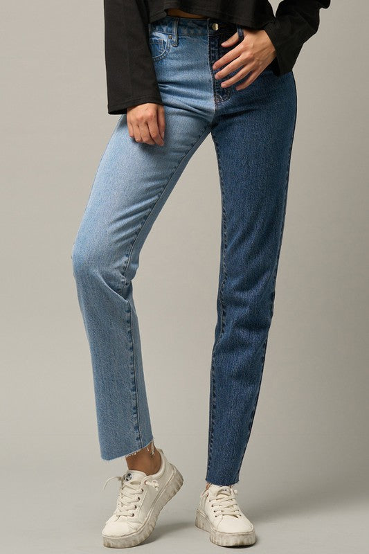 High Waist Two Tone Raw Hem Straight Jeans