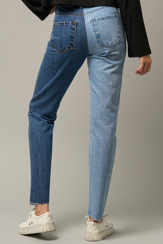 High Waist Two Tone Raw Hem Straight Jeans