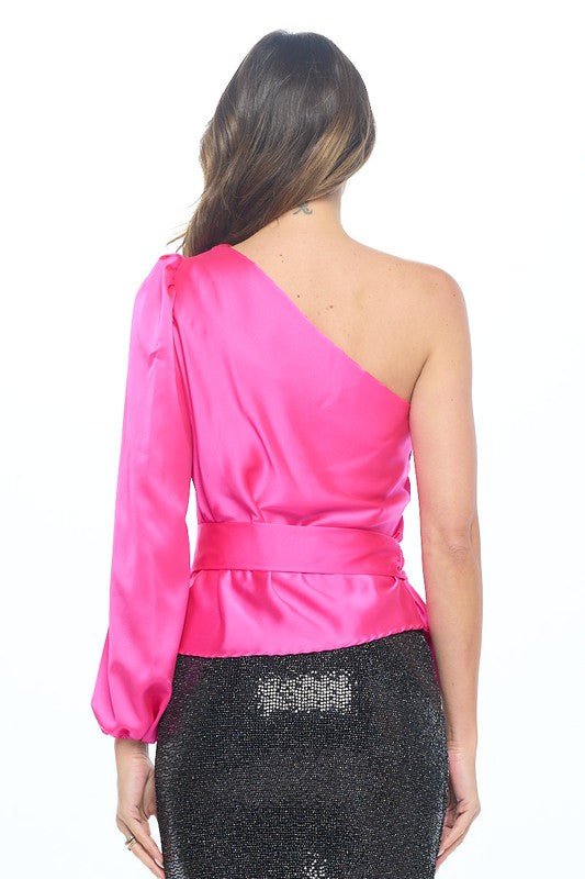 Stand Out Satin One Shoulder Formal Top with Tie - Pink