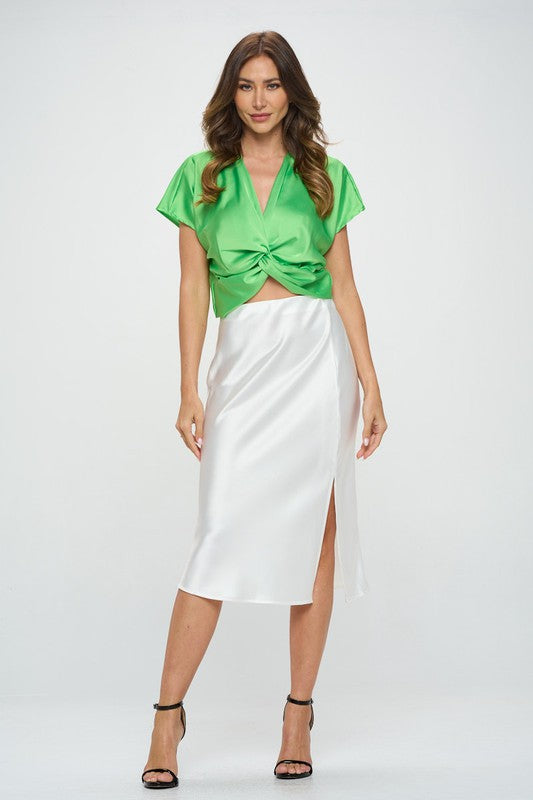 Satin Short Sleeve Top with Front Twist