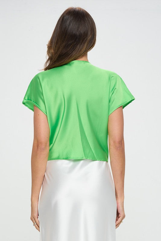 Satin Short Sleeve Top with Front Twist