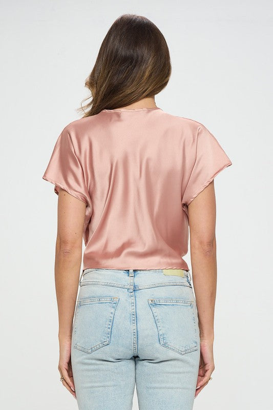 Satin Short Sleeve Top with Front Twist