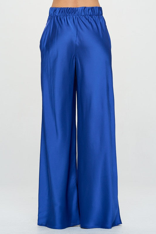 Stretch Satin Pants w/ Elastic Waist and Pockets