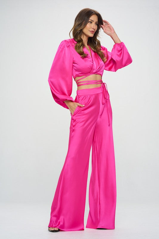 Silky Satin Wrap Crop Top with Tie