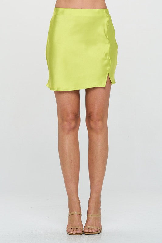 Solid Satin Mini Skirt with Slit - Citron