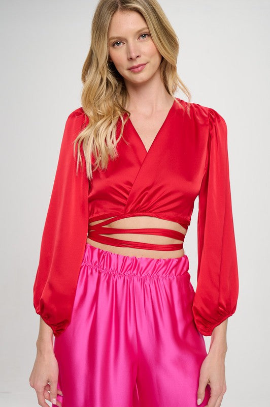 Silky Satin Wrap Crop Top with Tie