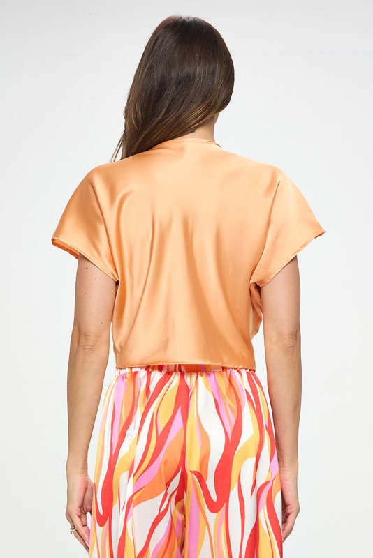 Satin Short Sleeve Top with Front Twist