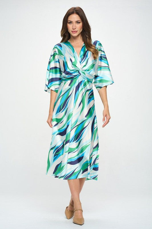 Front Twist Multi Color Print Satin Dress