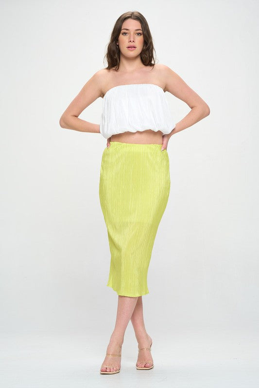 Solid Plisse Midi Skirt with Elastic Waistband