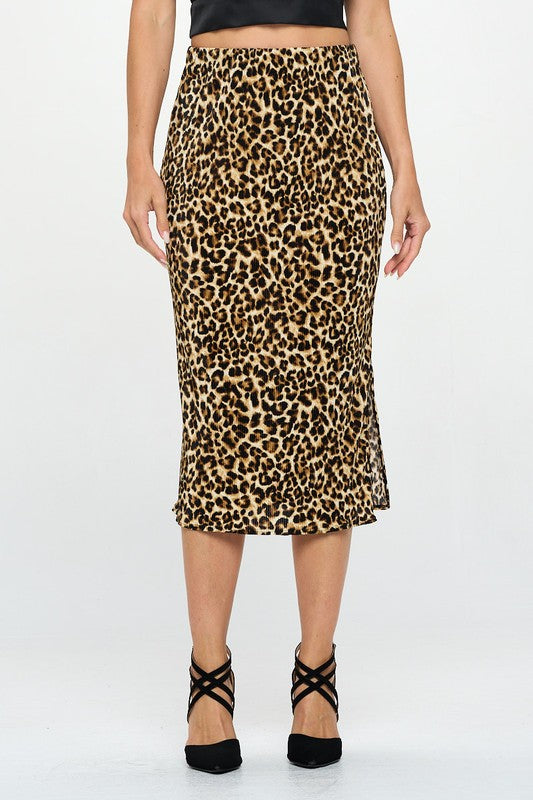 Made in USA Leopard Print Plisse Midi Skirt