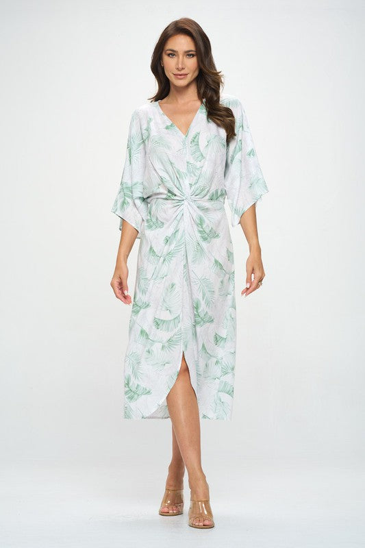 Tropical Leaf Print Kimono Dress with Front Twist